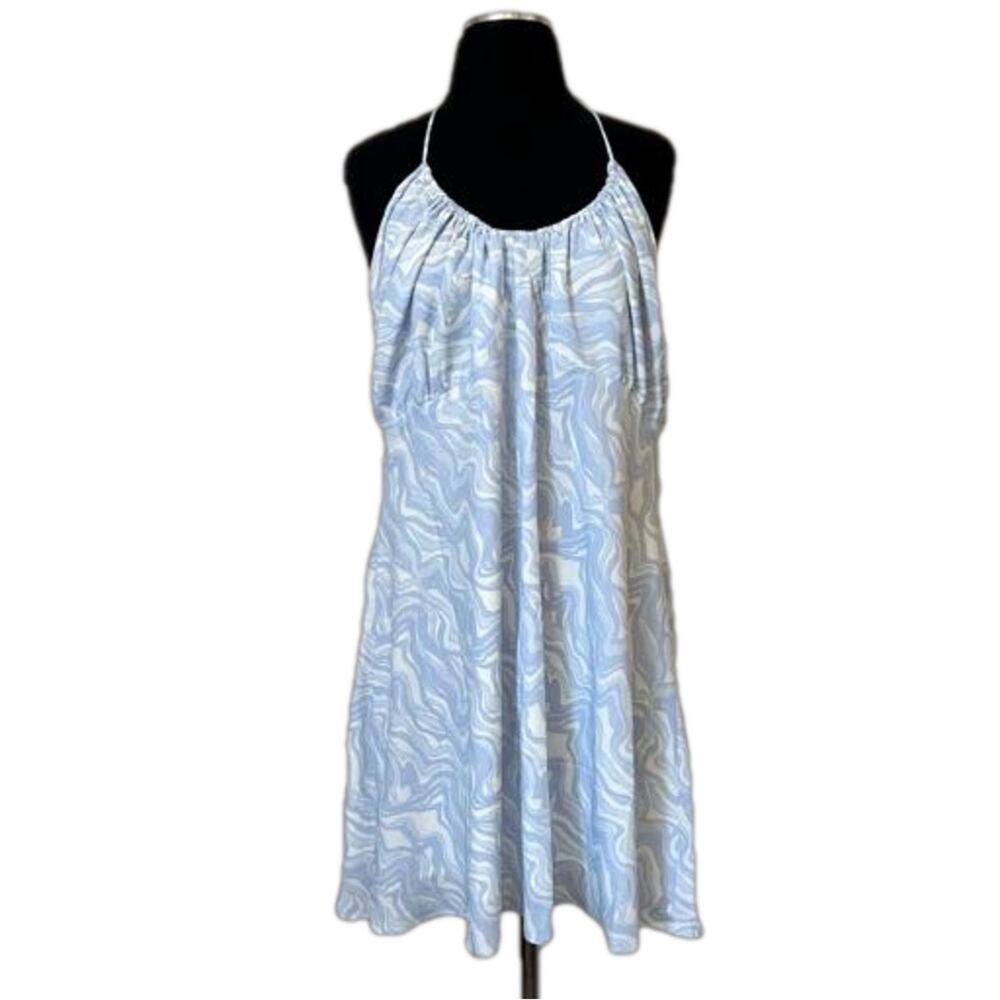 Abercrombie & Fitch Halter Ruched Mini Dress Blue White Lined Backless Sz XL